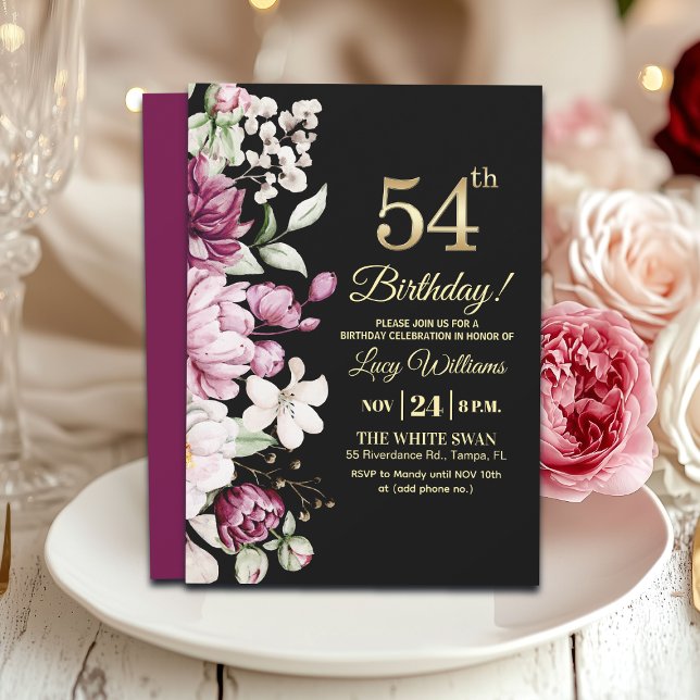 Elegant Floral Gold 54 Birthday Party Invitation (Creator Uploaded)