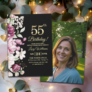 Elegant Floral Gold 55 Birthday Photo Invitation