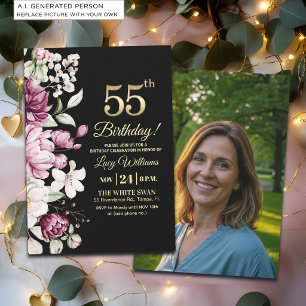 Elegant Floral Gold 55 Birthday Photo Invitation
