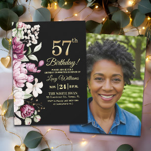 Elegant Floral Gold 57 Birthday Photo Invitation