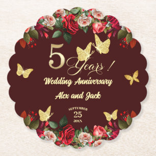 Elegant Floral Gold 5th Wedding Anniversary Paper Coaster