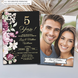 Elegant Floral Gold 5th Wedding Anniversary Photo Invitation