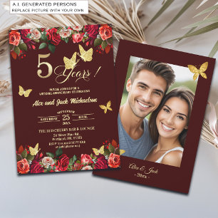 Elegant Floral Gold 5th Wedding Anniversary Photo Invitation