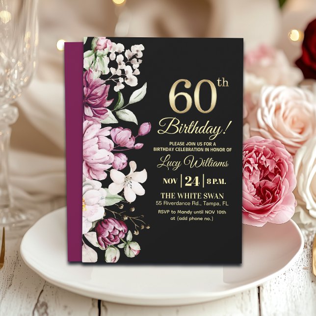 Elegant Floral Gold 60 Birthday Party Invitation (Creator Uploaded)