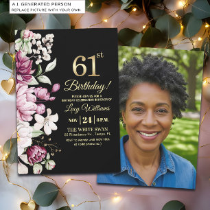 Elegant Floral Gold 61 Birthday Photo Invitation
