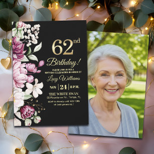 Elegant Floral Gold 62 Birthday Photo Invitation