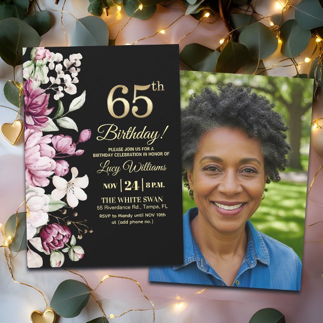 Elegant Floral Gold 65 Birthday Photo Invitation (Creator Uploaded)