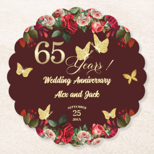Elegant Floral Gold 65th Wedding Anniversary Paper Coaster