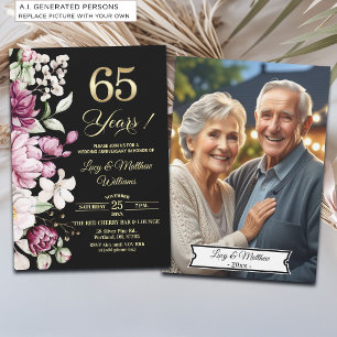 Elegant Floral Gold 65th Wedding Anniversary Photo Invitation