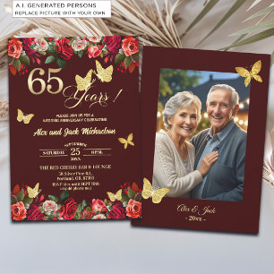 Elegant Floral Gold 65th Wedding Anniversary Photo Invitation