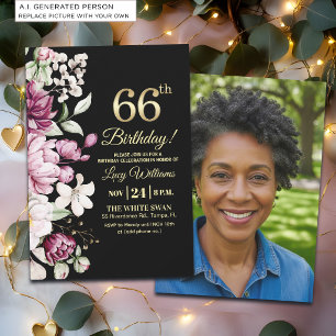 Elegant Floral Gold 66 Birthday Photo Invitation