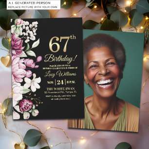 Elegant Floral Gold 67 Birthday Photo Invitation