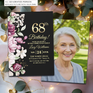 Elegant Floral Gold 68 Birthday Photo Invitation