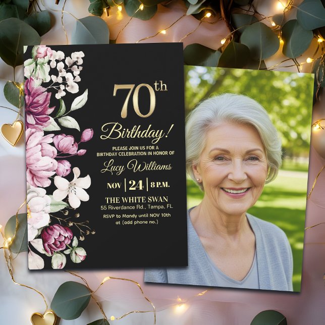 Elegant Floral Gold 70 Birthday Photo Invitation (Creator Uploaded)