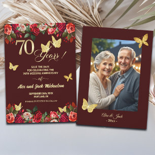 Elegant Floral Gold 70th Wedding Anniversary Photo Save The Date