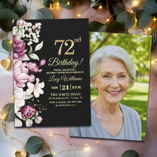 Elegant Floral Gold 72 Birthday Photo Invitation
