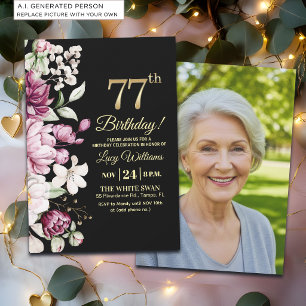 Elegant Floral Gold 77 Birthday Photo Invitation