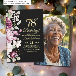 Elegant Floral Gold 78 Birthday Photo Invitation