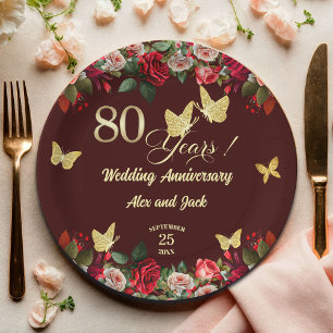 Elegant Floral Gold 80th Wedding Anniversary  Paper Plate