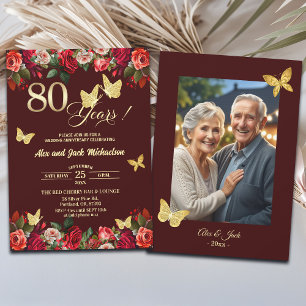 Elegant Floral Gold 80th Wedding Anniversary Photo Invitation