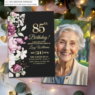 Elegant Floral Gold 85 Birthday Photo Invitation