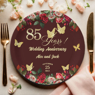 Elegant Floral Gold 85th Wedding Anniversary Paper Plate