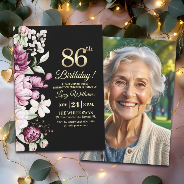 Elegant Floral Gold 86 Birthday Photo Invitation (Creator Uploaded)