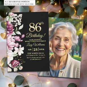 Elegant Floral Gold 86 Birthday Photo Invitation