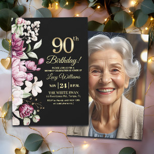Elegant Floral Gold 90 Birthday Photo Invitation