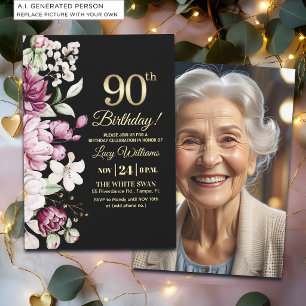Elegant Floral Gold 90 Birthday Photo Invitation