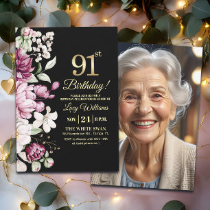 Elegant Floral Gold 91 Birthday Photo Invitation
