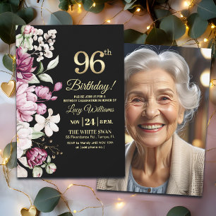 Elegant Floral Gold 96 Birthday Photo Invitation