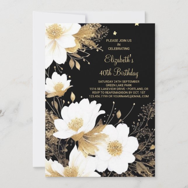 Elegant Floral Gold and Black Online 40th Birthday Invitation (Front)