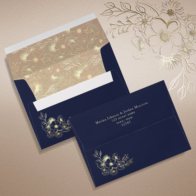 Elegant Floral Gold and Navy Blue Wedding Envelope (Creator Uploaded)