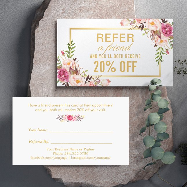 Elegant Floral Gold Beauty Salon Referral Card (Creator Uploaded)