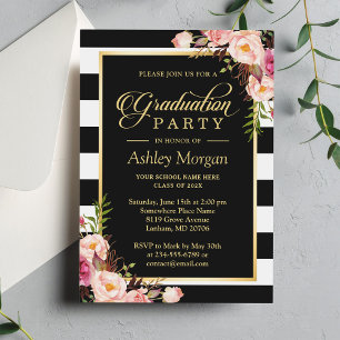 Elegant Floral Gold Black White Stripes Graduation Invitation