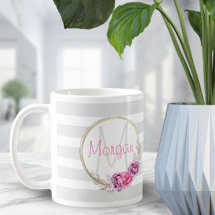 Elegant Floral Gold Border Stripes Monogram Coffee Mug