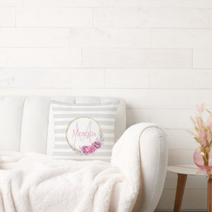 Elegant Floral Gold Border Stripes Monogram Cushion