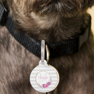 Elegant Floral Gold Border Stripes Monogram Pet Tag