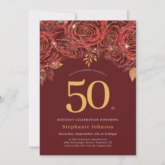 Elegant Floral Gold Burgundy 50th Birthday Invitation (Front)