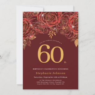 Elegant Floral Gold Burgundy 60th Birthday Invitation