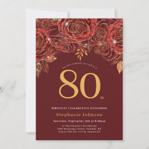 Elegant Floral Gold Burgundy 80th Birthday Invitation
