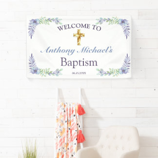 Elegant Floral Gold Cross Baby Baptism Welcome Banner