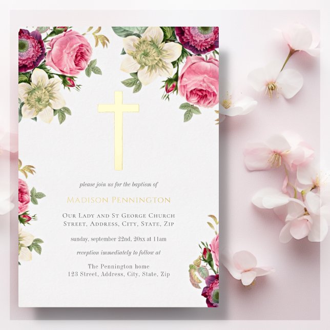 Elegant Floral Gold Cross Baptism Foil Invitation (Creator Uploaded)