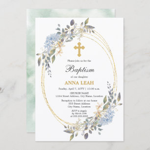 Elegant Floral Gold Cross Baptism Invitation