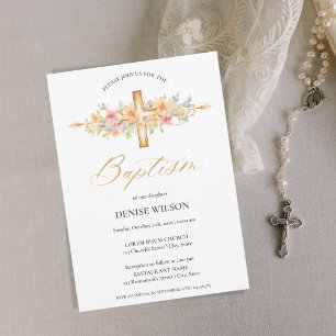 Elegant Floral Gold Cross Christening Baptism  Invitation