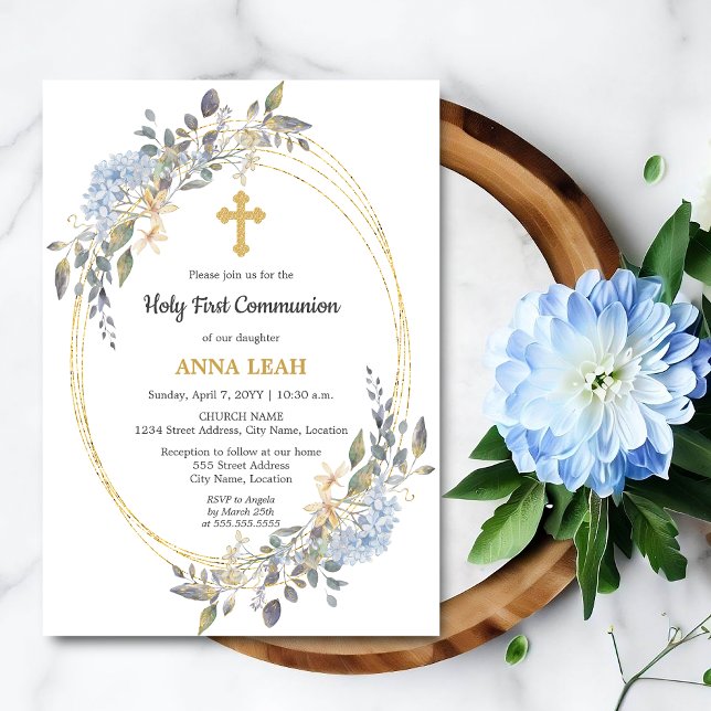 Elegant Floral Gold Cross First Communion Invitation (Beautiful gold cross and floral holy first communion invite front view.)
