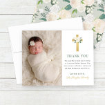 Elegant Floral Gold Cross Girl Baptism Photo Thank You Card<br><div class="desc">This elegant baby girl baptism or first communion thank you card design features a baby photo with stylish green, gold, and grey text that can be fully personalised, accented by a gold cross decorated with a beautiful garden floral arrangement of neutral white, blush pink, and cream coloured rose flowers with...</div>