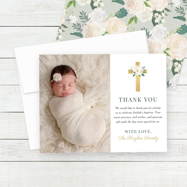Elegant Floral Gold Cross Girl Baptism Photo Thank You Card (Creator Uploaded)