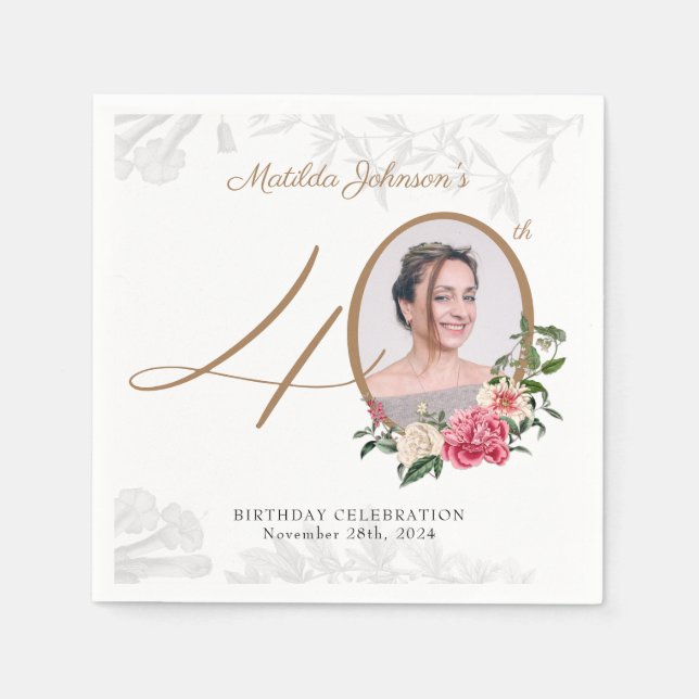 Elegant Floral Gold Custom Photo 40th Birthday  Napkin (Front)